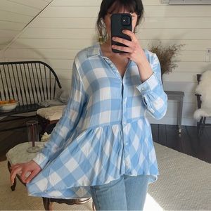 Gingham plaid high low button down